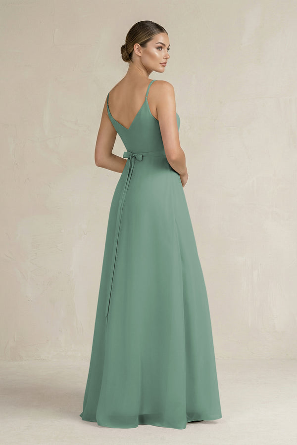 Sea Glass Ruched A-Line Chiffon Bridesmaid Dress with Slit (2) | KISSBRIDAL