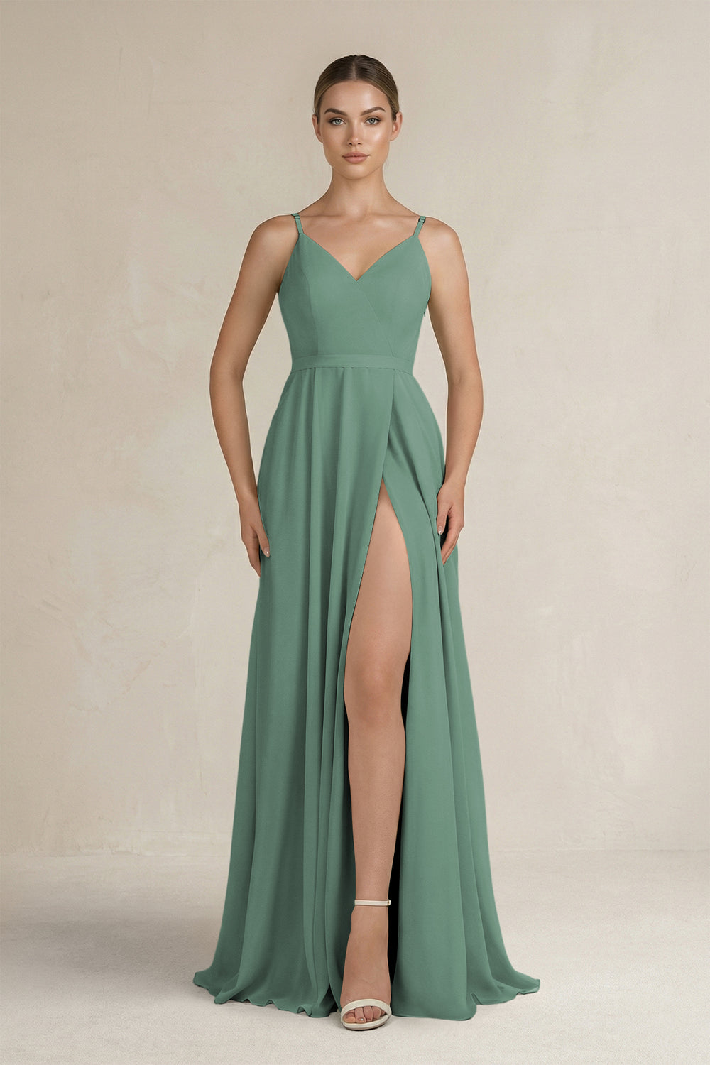Ruched A-Line Chiffon Bridesmaid Dress with Slit in Sea Glass