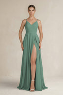 Sea Glass Ruched A-Line Chiffon Bridesmaid Dress with Slit | KISSBRIDAL