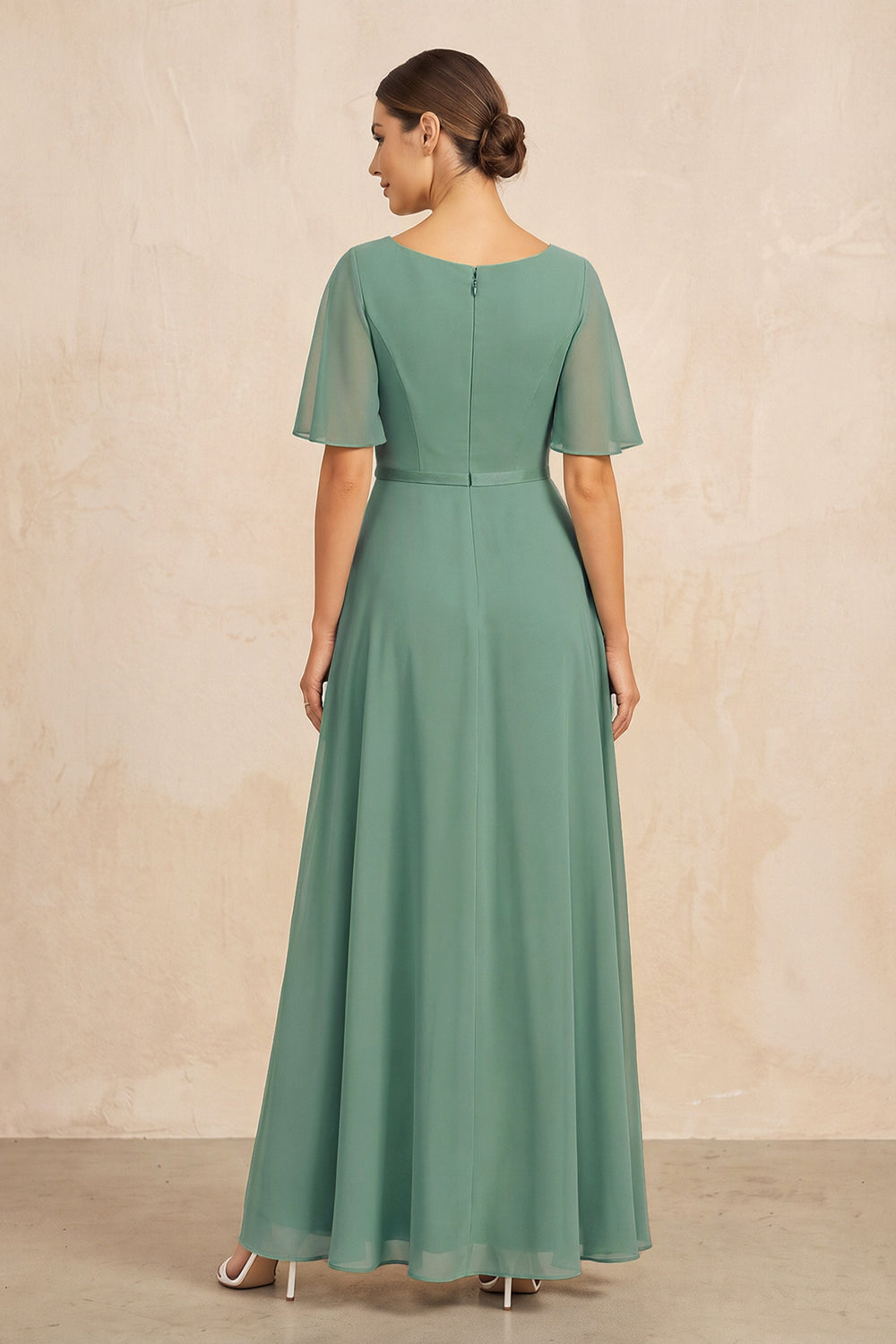 Sea Glass Ruched A-Line Chiffon V-Neck Mother of the Bride Dress with Sleeves