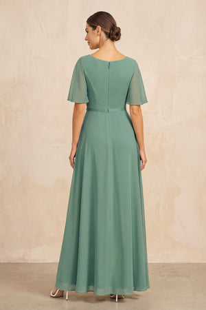 Sea Glass Ruched A-Line Chiffon V-Neck Mother of the Bride Dress with Sleeves (2) | KISSBRIDAL