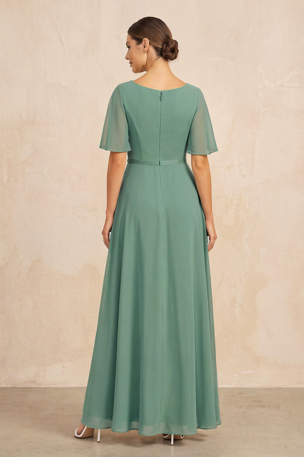 Sea Glass Ruched A-Line Chiffon V-Neck Mother of the Bride Dress with Sleeves (2) | KISSBRIDAL