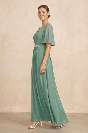 Sea Glass Ruched A-Line Chiffon V-Neck Mother of the Bride Dress with Sleeves (3) | KISSBRIDAL
