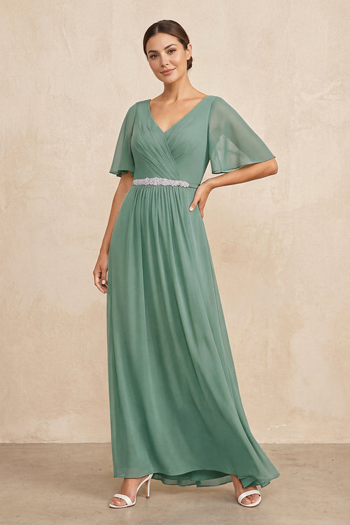 Sea Glass Ruched A-Line Chiffon V-Neck Mother of the Bride Dress with Sleeves | KISSBRIDAL