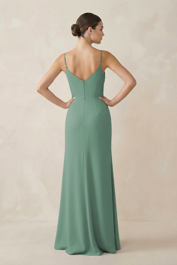 Sea Glass Ruched Sheath Spaghetti Strap Chiffon Bridesmaid Dress (2) | KISSBRIDAL