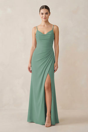 Sea Glass Ruched Sheath Spaghetti Strap Chiffon Bridesmaid Dress | KISSBRIDAL
