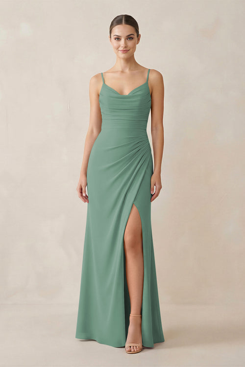 Sea Glass Ruched Sheath Spaghetti Strap Chiffon Bridesmaid Dress | KISSBRIDAL