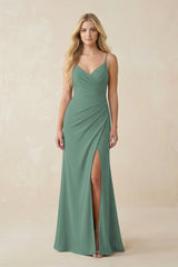 Sea Glass Ruched Sheath Spaghetti Strap Chiffon Bridesmaid Dress | KISSBRIDAL