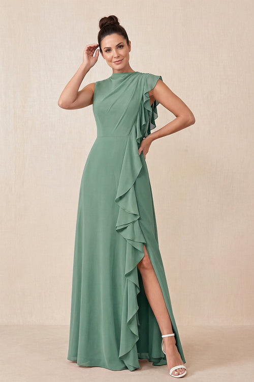 Sea Glass Ruffled A-Line Chiffon Mother of the Bride Dress | KISSBRIDAL