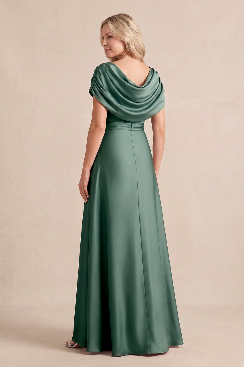 Sea Glass Ruffled A-Line Satin Cowl Neck Mother of the Bride Dress with Slit