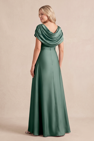 Sea Glass Ruffled A-Line Satin Cowl Neck Mother of the Bride Dress with Slit (2) | KISSBRIDAL