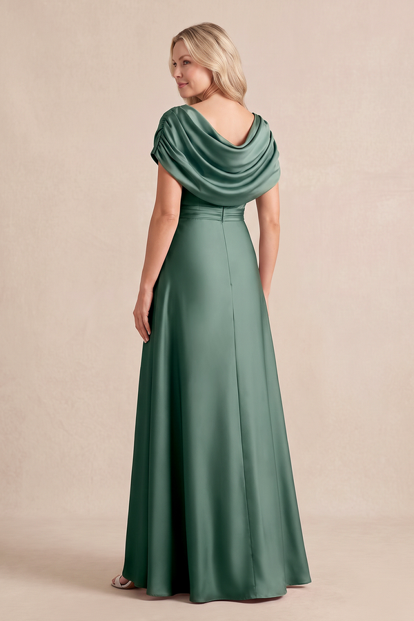 Sea Glass Ruffled A-Line Satin Cowl Neck Mother of the Bride Dress with Slit (2) | KISSBRIDAL