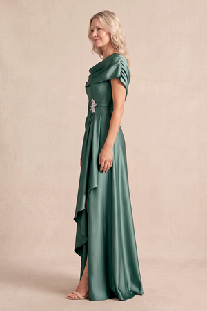 Sea Glass Ruffled A-Line Satin Cowl Neck Mother of the Bride Dress with Slit (3) | KISSBRIDAL