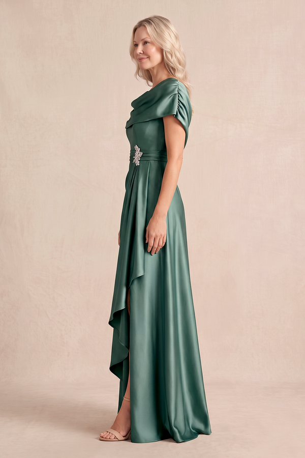 Sea Glass Ruffled A-Line Satin Cowl Neck Mother of the Bride Dress with Slit (3) | KISSBRIDAL
