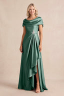 Sea Glass Ruffled A-Line Satin Cowl Neck Mother of the Bride Dress with Slit | KISSBRIDAL