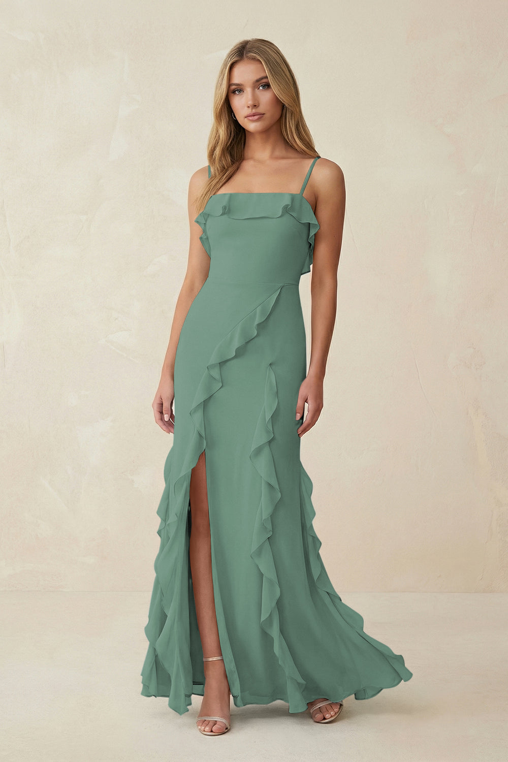 Ruffled Cami Strap Chiffon Sheath Bridesmaid Dress in Sea Glass
