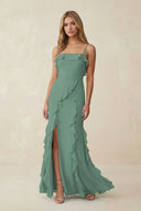 Sea Glass Ruffled Cami Strap Chiffon Sheath Bridesmaid Dress | KISSBRIDAL