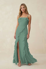 Sea Glass Ruffled Cami Strap Chiffon Sheath Bridesmaid Dress | KISSBRIDAL
