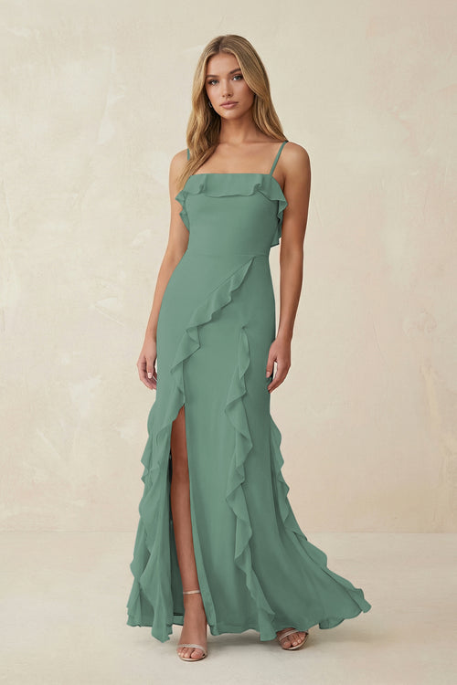 Sea Glass Ruffled Cami Strap Chiffon Sheath Bridesmaid Dress | KISSBRIDAL