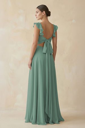 Sea Glass Ruffled Chiffon A-Line Long Bridesmaid Dress (2) | KISSBRIDAL