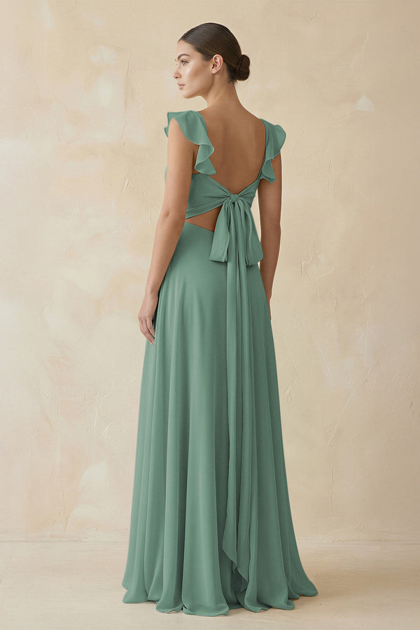 Sea Glass Ruffled Chiffon A-Line Long Bridesmaid Dress (2) | KISSBRIDAL