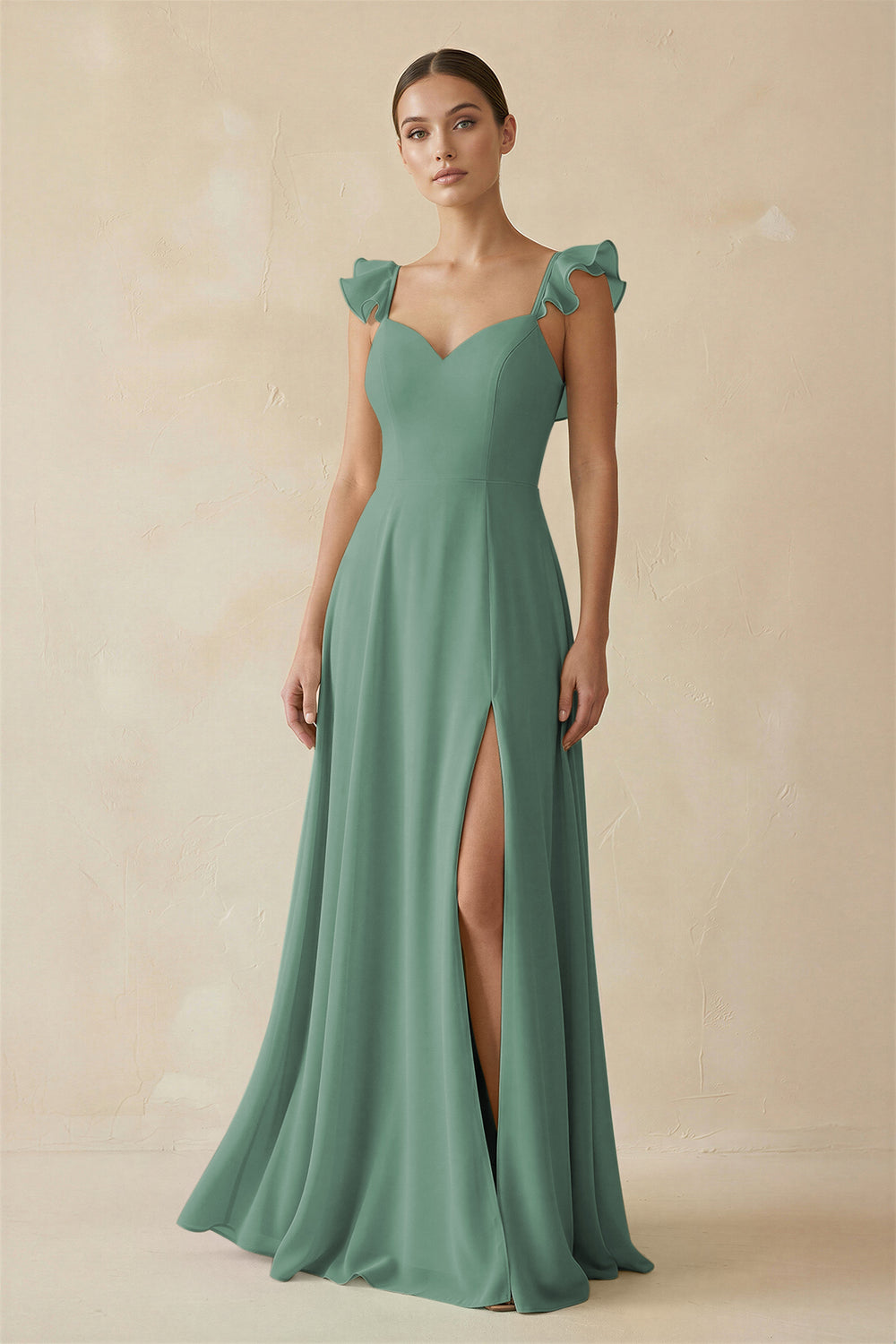 Ruffled Chiffon A-Line Long Bridesmaid Dress in Sea Glass