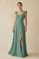 Sea Glass Ruffled Chiffon A-Line Long Bridesmaid Dress | KISSBRIDAL