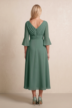 Sea Glass Ruffled Chiffon A-Line V-Neck Mother of the Bride Dress with Sleeves (2) | KISSBRIDAL