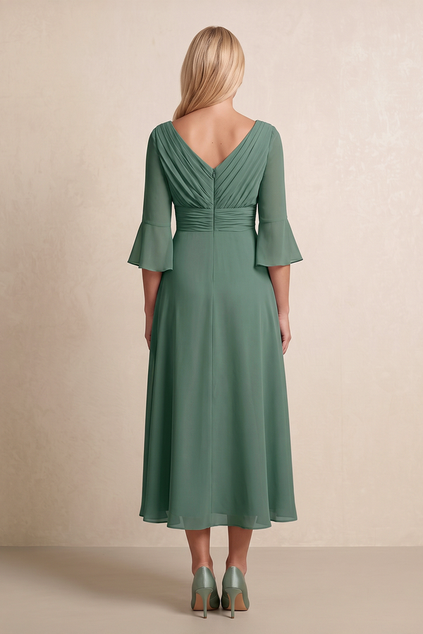 Sea Glass Ruffled Chiffon A-Line V-Neck Mother of the Bride Dress with Sleeves (2) | KISSBRIDAL
