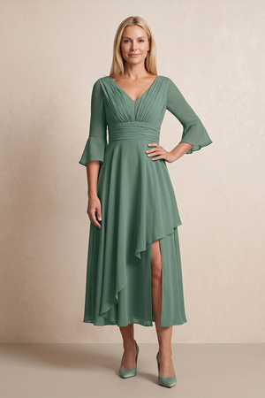 Sea Glass Ruffled Chiffon A-Line V-Neck Mother of the Bride Dress with Sleeves | KISSBRIDAL
