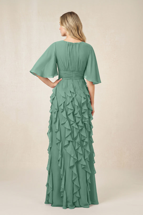 Sea Glass Ruffled Chiffon Half Sleeves A-Line Mother of the Bride Dress (2) | KISSBRIDAL