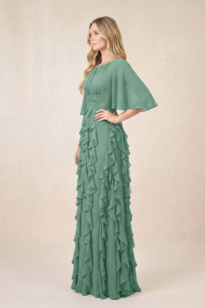 Sea Glass Ruffled Chiffon Half Sleeves A-Line Mother of the Bride Dress (3) | KISSBRIDAL