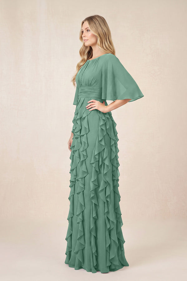 Sea Glass Ruffled Chiffon Half Sleeves A-Line Mother of the Bride Dress (3) | KISSBRIDAL