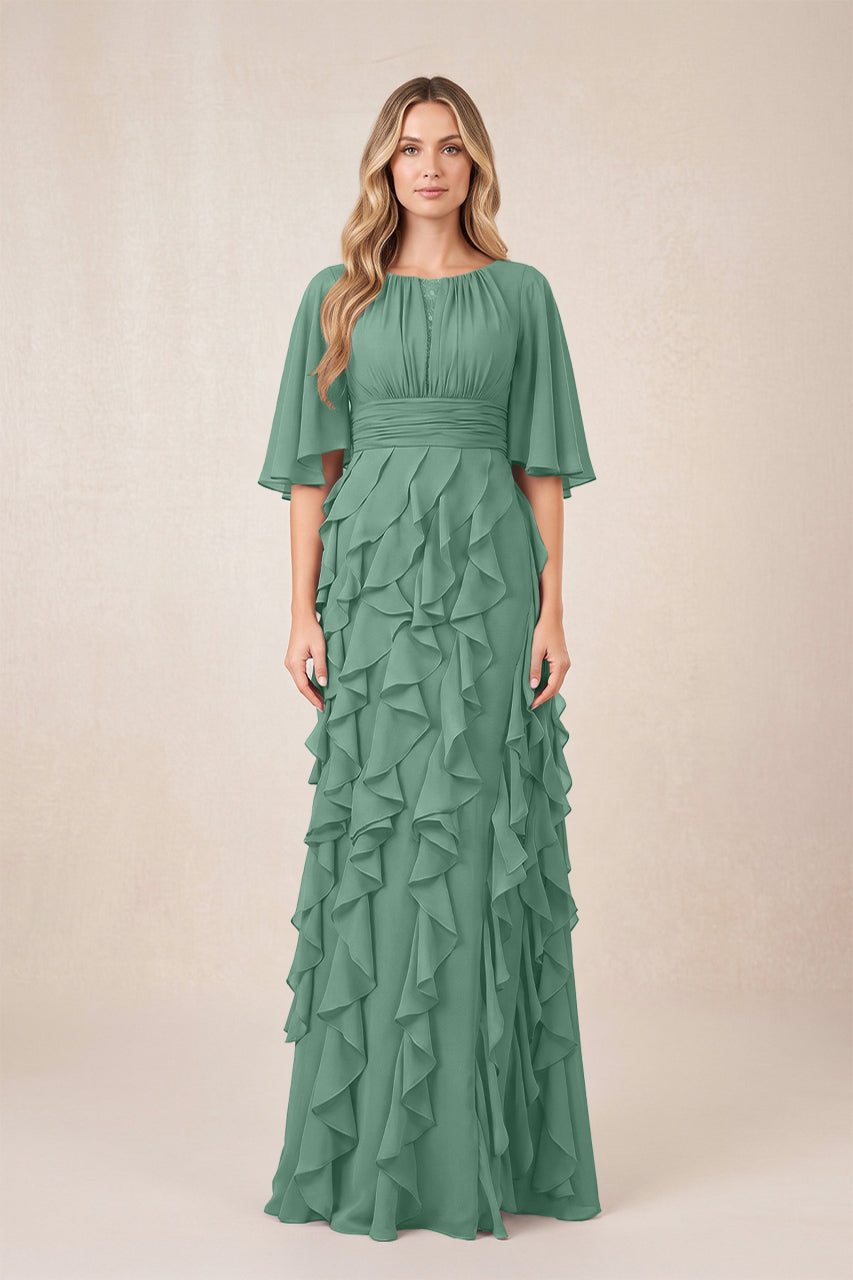 Sea Glass Ruffled Chiffon Half Sleeves A-Line Mother of the Bride Dress