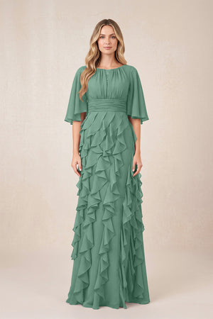 Sea Glass Ruffled Chiffon Half Sleeves A-Line Mother of the Bride Dress | KISSBRIDAL
