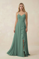 Sea Glass Ruffled Hem A-Line Chiffon Bridesmaid Dress | KISSBRIDAL
