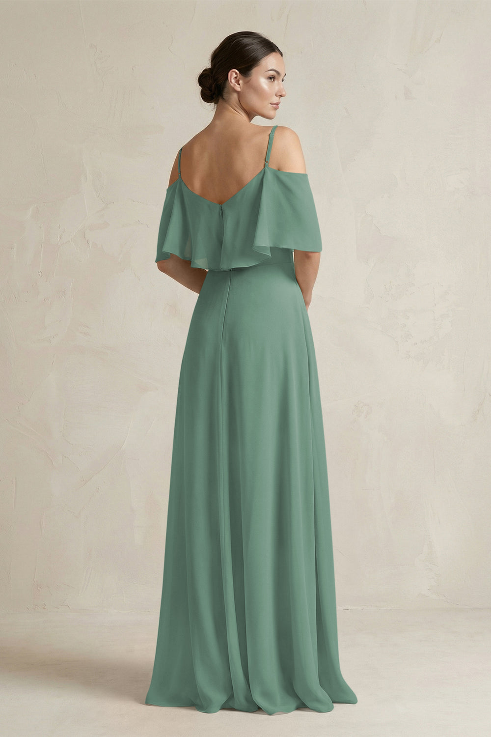 Ruffled Off-the-Shoulder A-Line Chiffon Bridesmaid Gown in Sea Glass