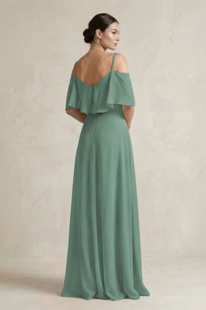 Sea Glass Ruffled Off-the-Shoulder A-Line Chiffon Bridesmaid Gown (2) | KISSBRIDAL
