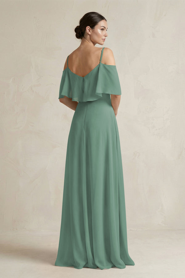 Sea Glass Ruffled Off-the-Shoulder A-Line Chiffon Bridesmaid Gown (2) | KISSBRIDAL