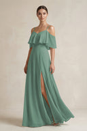 Sea Glass Ruffled Off-the-Shoulder A-Line Chiffon Bridesmaid Gown | KISSBRIDAL