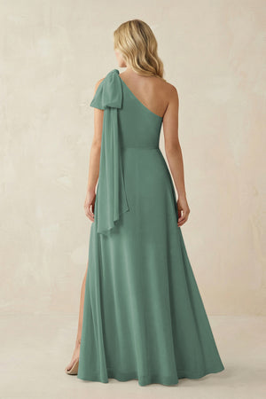 Sea Glass Ruffled One Shoulder Chiffon Bridesmaid Dress With Slit in Sea Glass (2) | KISSBRIDAL