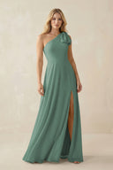 Sea Glass Ruffled One Shoulder Chiffon Bridesmaid Dress With Slit in Sea Glass | KISSBRIDAL
