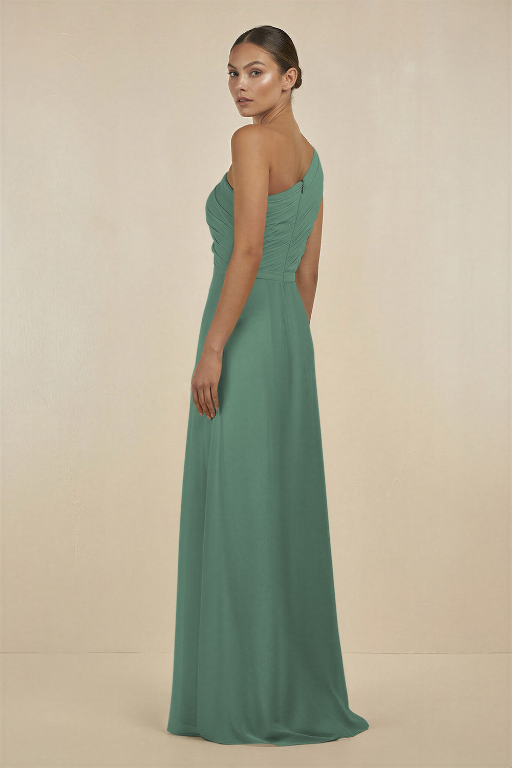 Ruffled One-Shoulder Pleated Sheath Bridesmaid Dress in Sea Glass