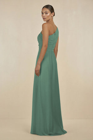 Sea Glass Ruffled One-Shoulder Pleated Sheath Bridesmaid Dress (2) | KISSBRIDAL