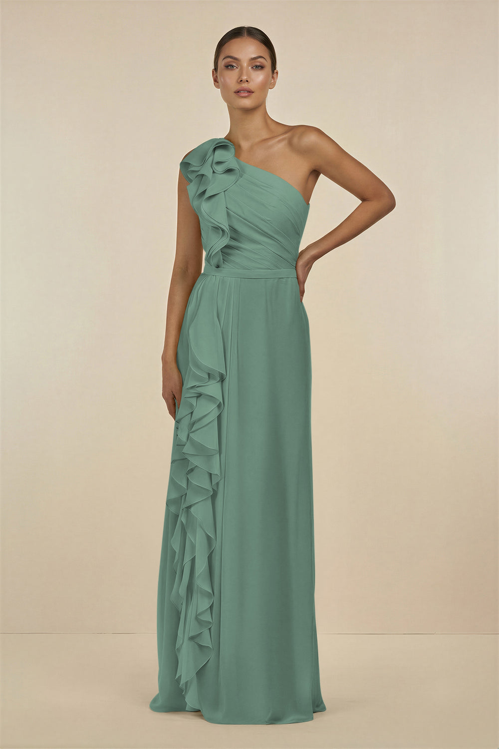 Ruffled One-Shoulder Pleated Sheath Bridesmaid Dress in Sea Glass