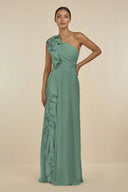 Sea Glass Ruffled One-Shoulder Pleated Sheath Bridesmaid Dress | KISSBRIDAL