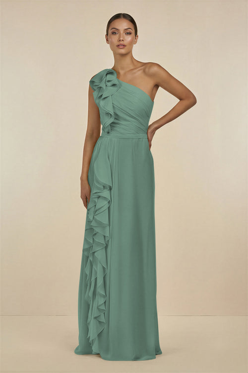Sea Glass Ruffled One-Shoulder Pleated Sheath Bridesmaid Dress | KISSBRIDAL