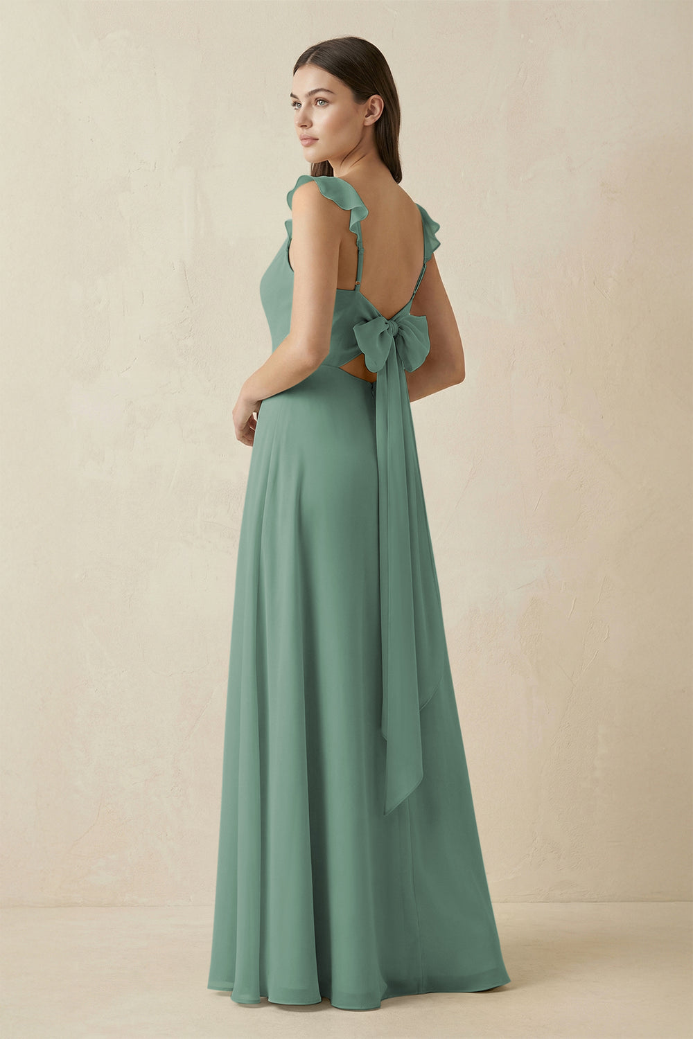 Ruffled Sleeve A-Line Chiffon Bridesmaid Dress in Sea Glass