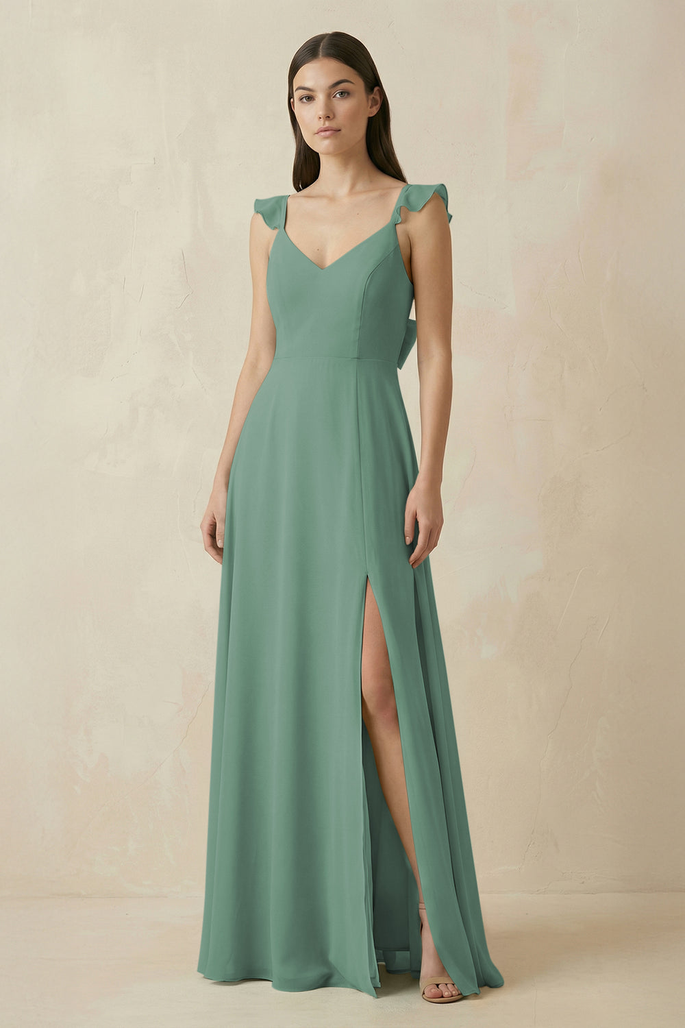 Ruffled Sleeve A-Line Chiffon Bridesmaid Dress in Sea Glass