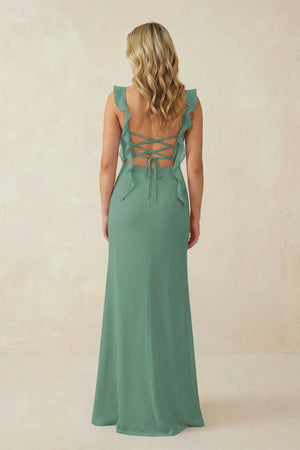 Sea Glass Ruffled Sleeve Ruched Sheath Chiffon Bridesmaid Dress (2) | KISSBRIDAL